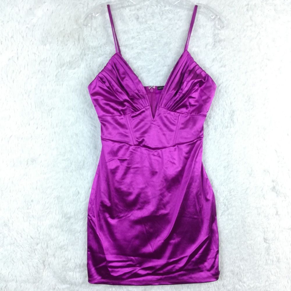 Thirty Thirty Womens Dress Mini Bodycon Purple Plunging Spaghetti Strap S New